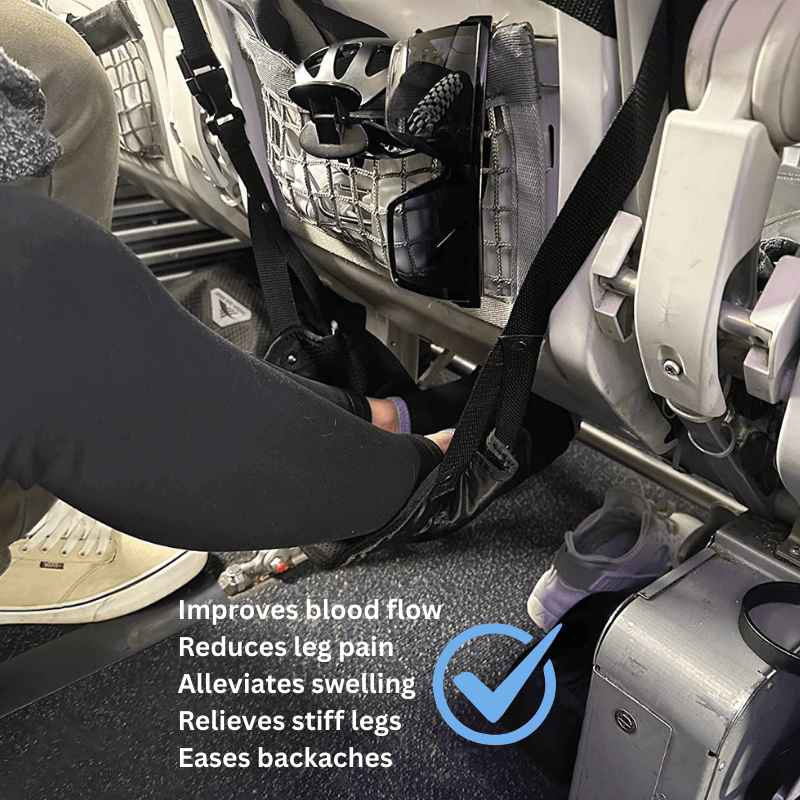 Inflight footrest hammock in use, showing comfort benefits like reduced leg pain and better circulation.