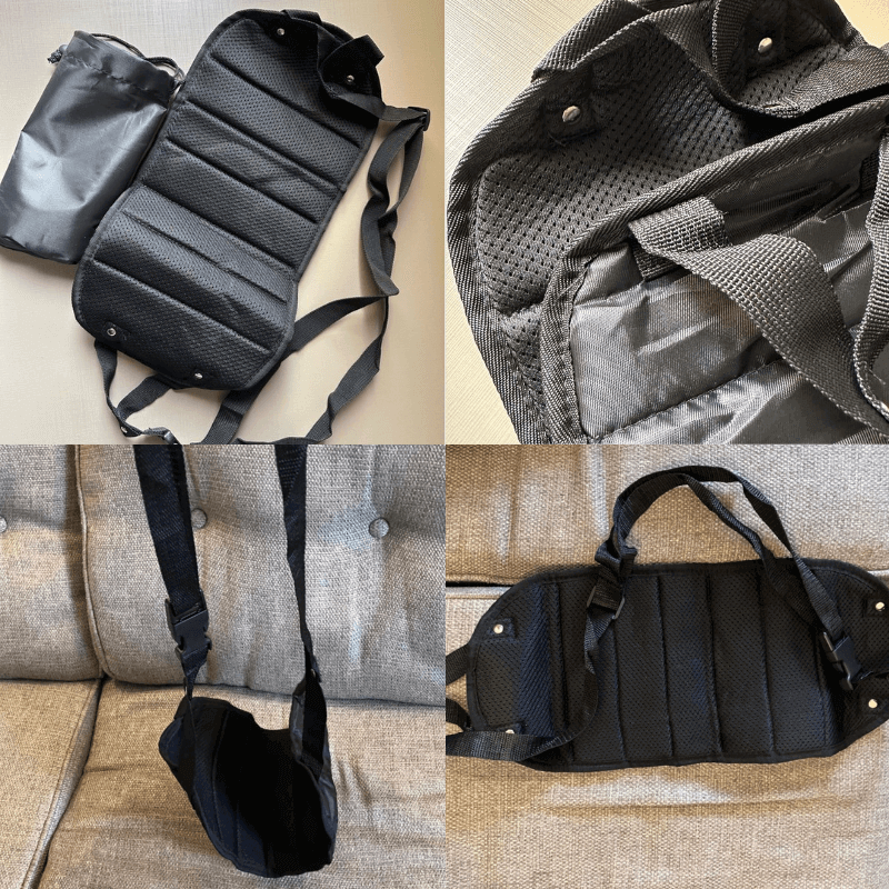 Portable Airplane Footrest with adjustable straps and carry pouch, shown in multiple angles.