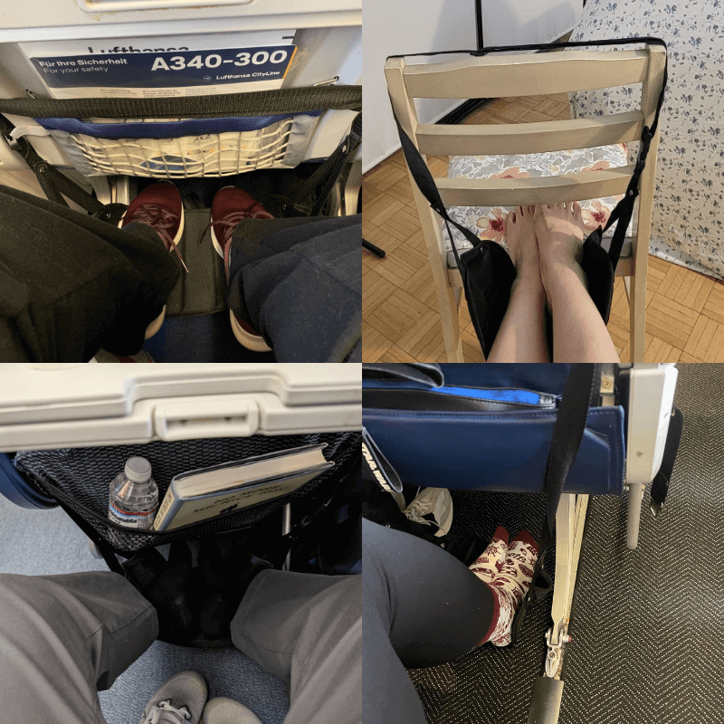 Collage of four real users using the Airplane Footrest, showing different travel settings and demonstrating comfort and leg support during flights.