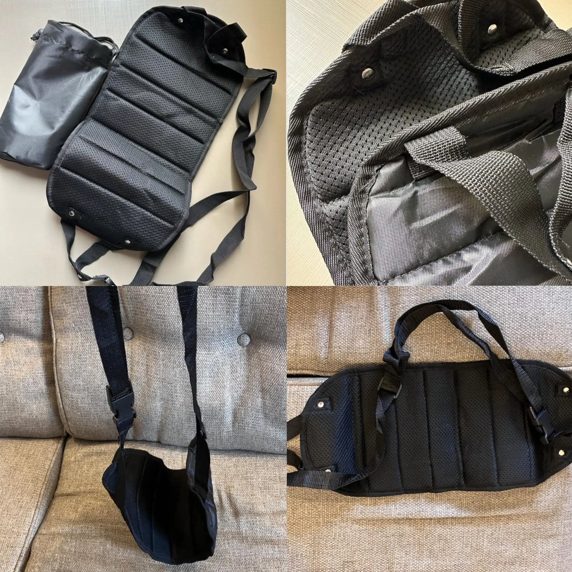 Close-up of black memory foam airplane footrest with adjustable straps and storage pouch for compact travel convenience.